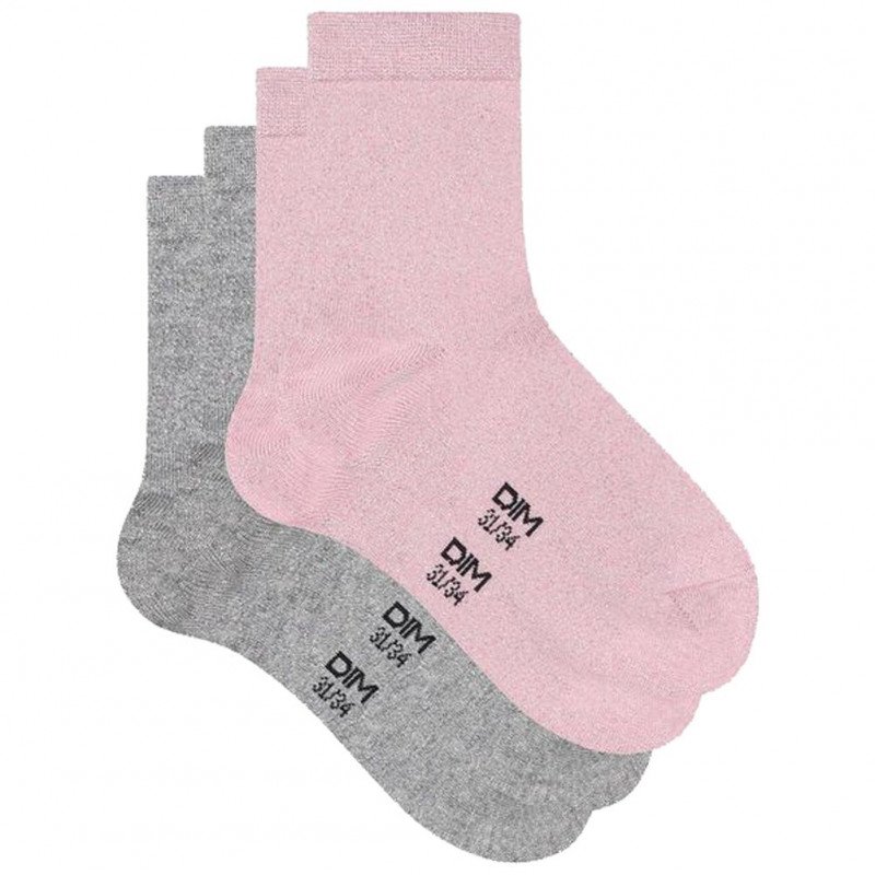 DIM Lot de 2 paires de Chaussettes Fille Coton DIM KIDS Rose Gris