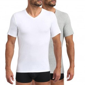 DIM Lot de 2 T-shirt Col en V Homme Coton Bio GREEN Blanc Gris