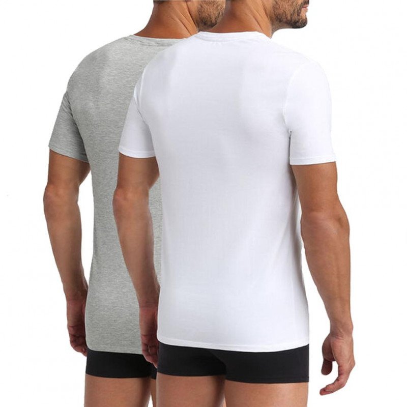 DIM Lot de 2 T-shirt Col en V Homme Coton Bio GREEN Blanc Gris