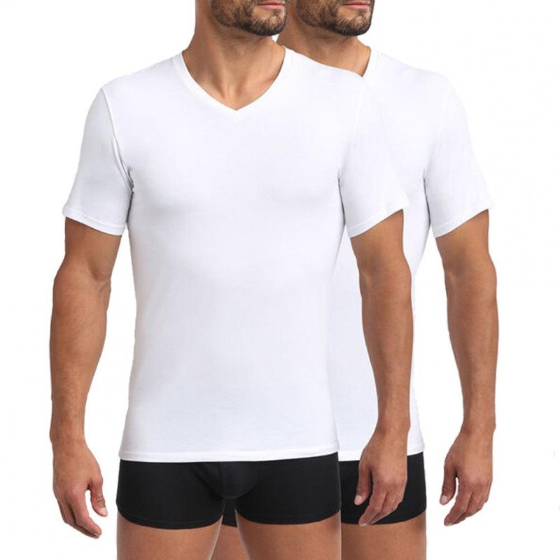 DIM Lot de 2 T-shirt Col en V Homme Coton Bio GREEN Blanc