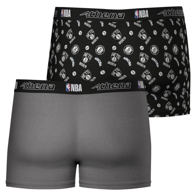 ATHENA Lot de 2 Boxers Homme Coton BROOKLYN NETS Gris Noir NBA