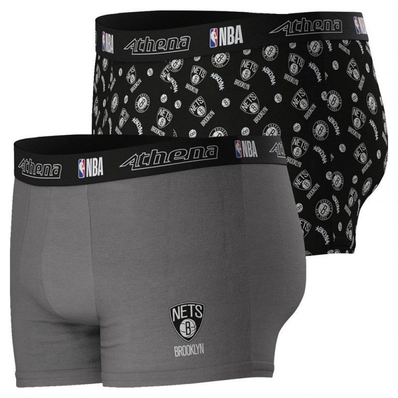 ATHENA Lot de 2 Boxers Homme Coton BROOKLYN NETS Gris Noir NBA