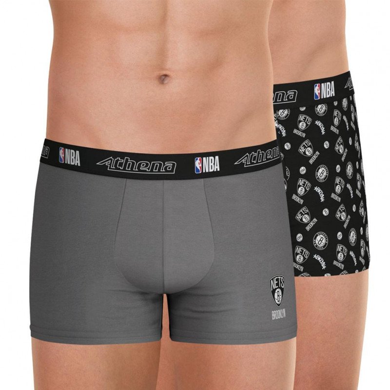 ATHENA Lot de 2 Boxers Homme Coton BROOKLYN NETS Gris Noir NBA