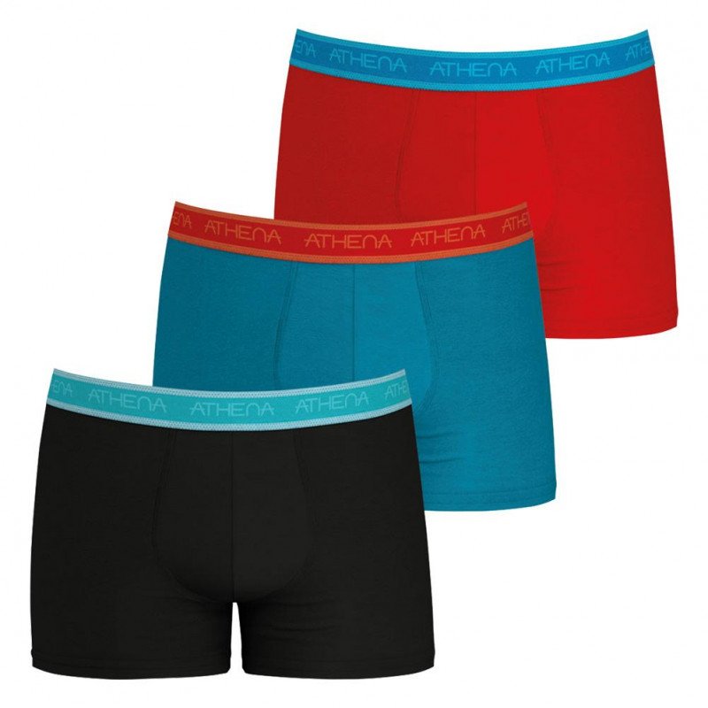 ATHENA Lot de 3 Boxers Homme Coton Bio EASY BIO Noir Lagon Rouge