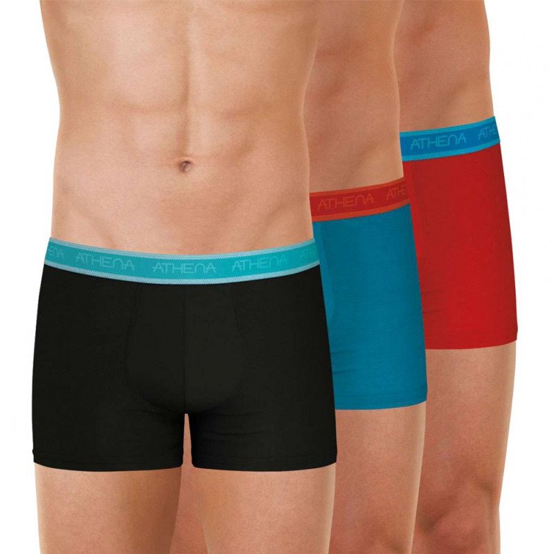 ATHENA Lot de 3 Boxers Homme Coton Bio EASY BIO Noir Lagon Rouge