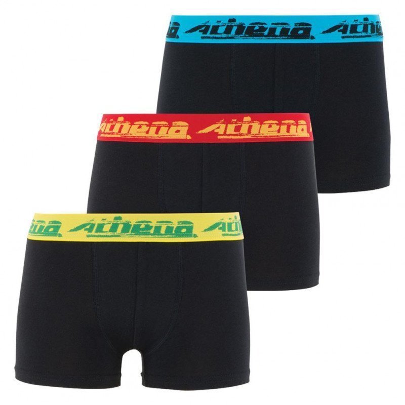 ATHENA Lot de 3 Boxers Garçon Coton Bio BIOPACK22 Noir Ceinture Rouge Marine Jaune