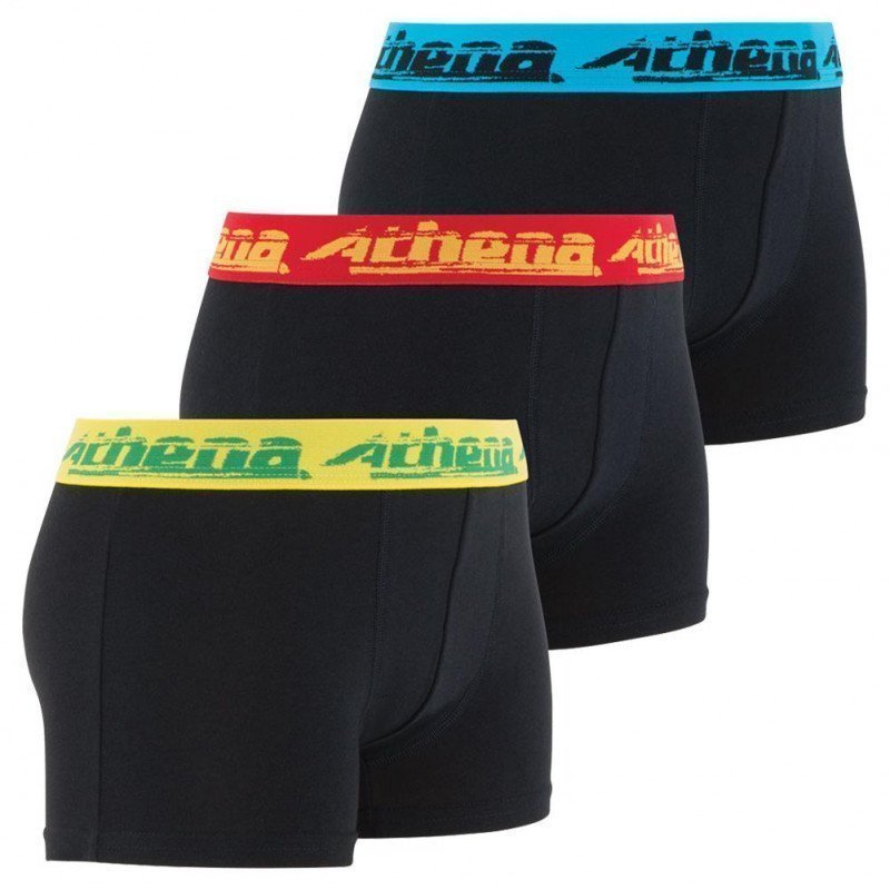 ATHENA Lot de 3 Boxers Garçon Coton Bio BIOPACK22 Noir Ceinture Rouge Marine Jaune