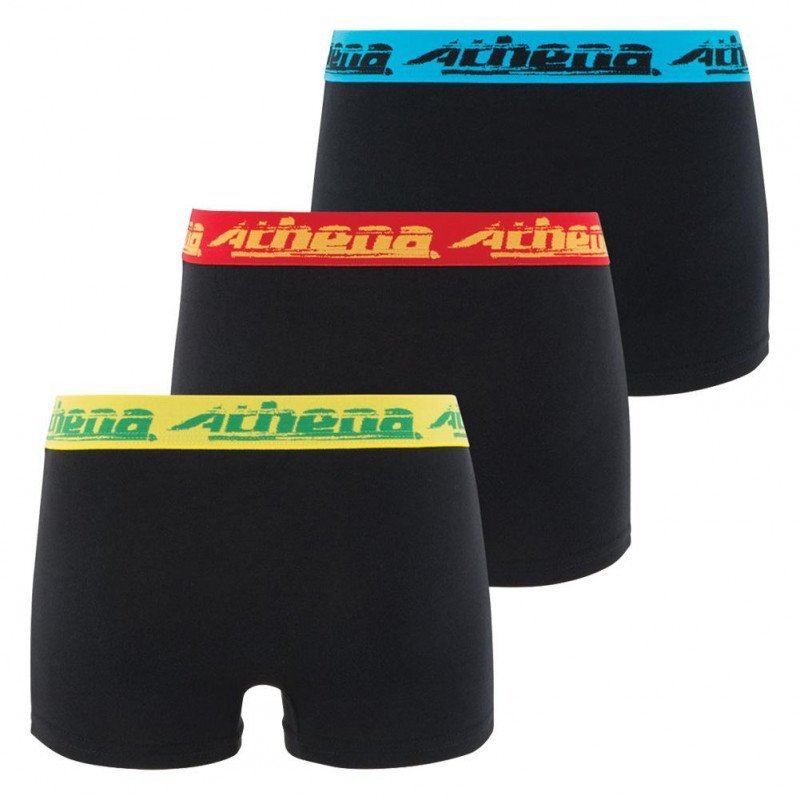 ATHENA Lot de 3 Boxers Garçon Coton Bio BIOPACK22 Noir Ceinture Rouge Marine Jaune