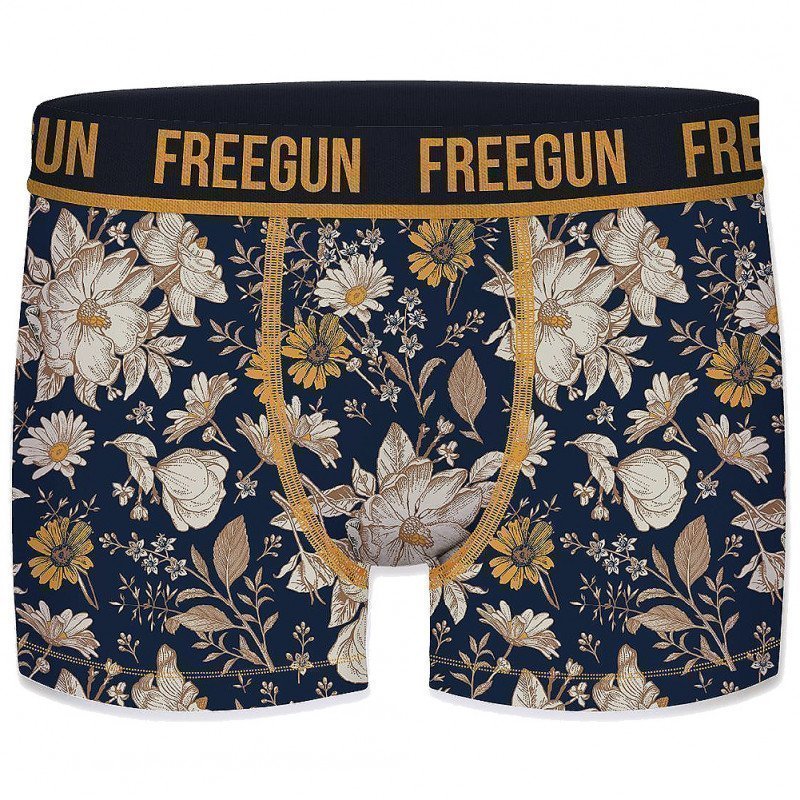 FREEGUN Boxer Homme Coton Bio FLOWER Marine Jaune