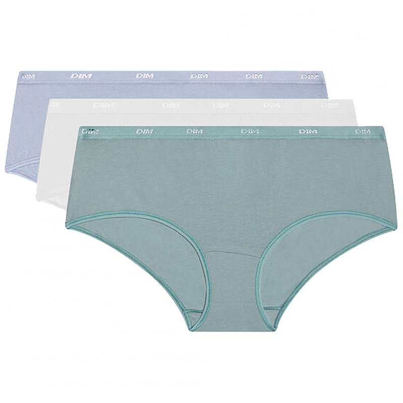 DIM Lot de 3 Boxers Femme Coton POCKETS STRETCH Bleu Vert Blanc