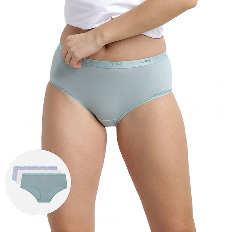 DIM Lot de 3 Boxers Femme Coton POCKETS STRETCH Bleu Vert Blanc