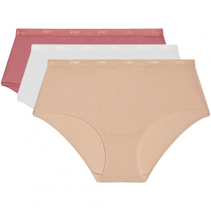 DIM Lot de 3 Boxers Femme Coton POCKETS STRETCH Blanc Rosewood Rose litchi