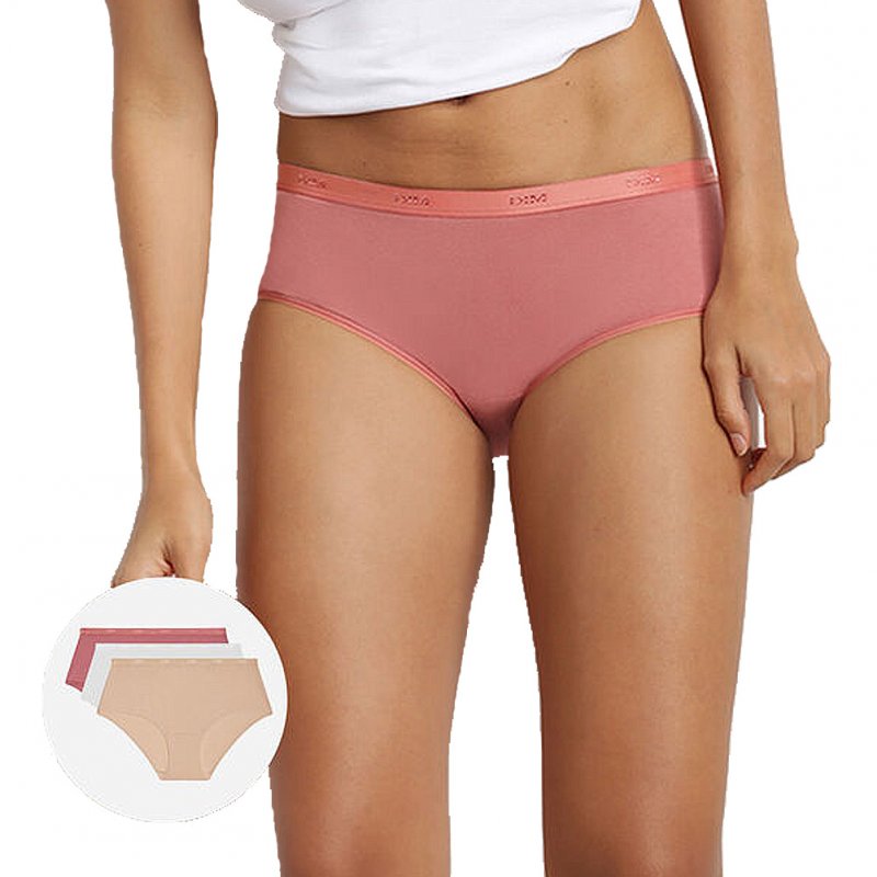 DIM Lot de 3 Boxers Femme Coton POCKETS STRETCH Blanc Rosewood Rose litchi