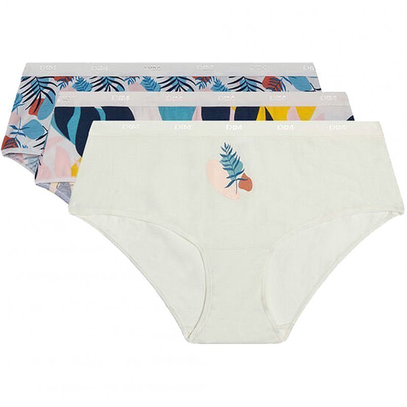 DIM Lot de 3 Boxers Femme Coton POCKETS STRETCH Tropico Coco Blanc Bleu