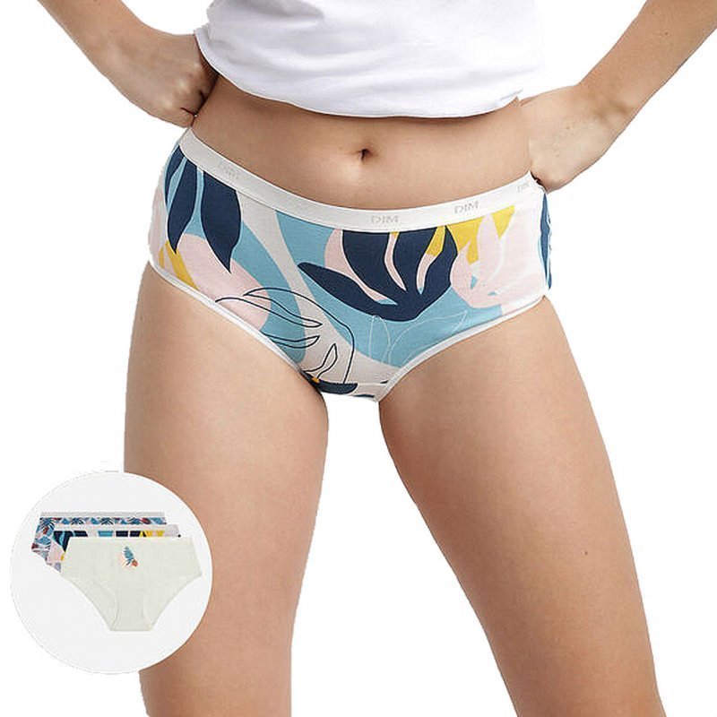 DIM Lot de 3 Boxers Femme Coton POCKETS STRETCH Tropico Coco Blanc Bleu