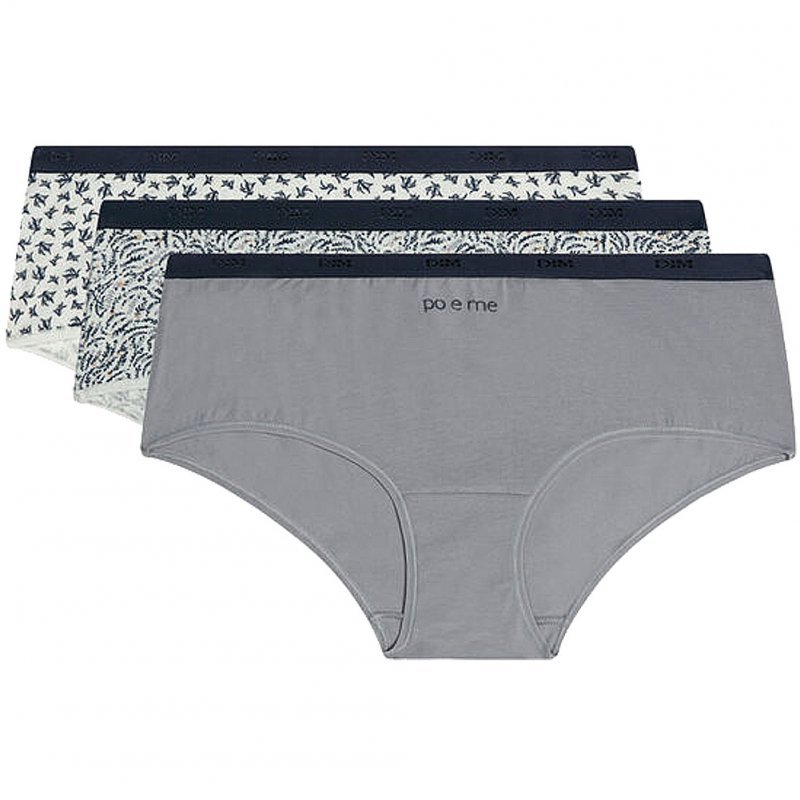 DIM Lot de 3 Boxers Femme Coton POCKETS STRETCH Poeme Gris Blanc Bleu