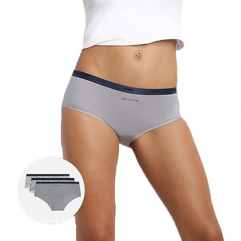 DIM Lot de 3 Boxers Femme Coton POCKETS STRETCH Poeme Gris Blanc Bleu