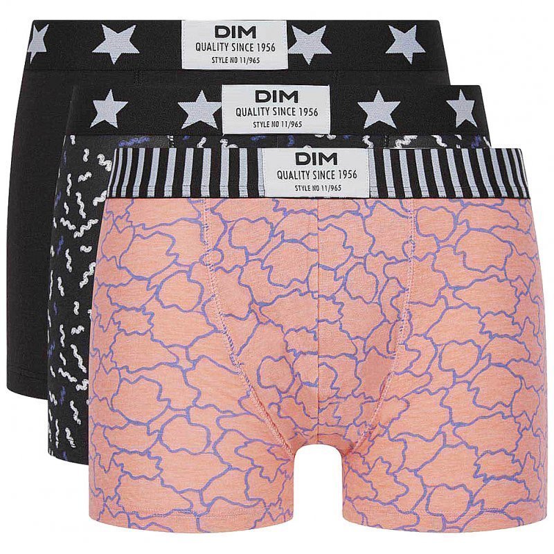 DIM Lot de 3 Boxers Homme Coton STRETCH Fleur corail Cotillon Noir