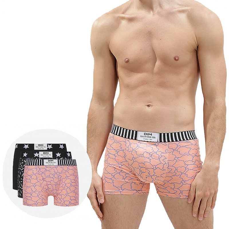 DIM Lot de 3 Boxers Homme Coton STRETCH Fleur corail Cotillon Noir