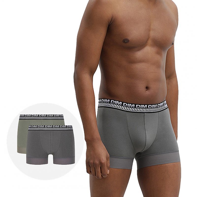 DIM Lot de 2 Boxers Homme Coton 3D STAY FIT Vert olive Gris militaire