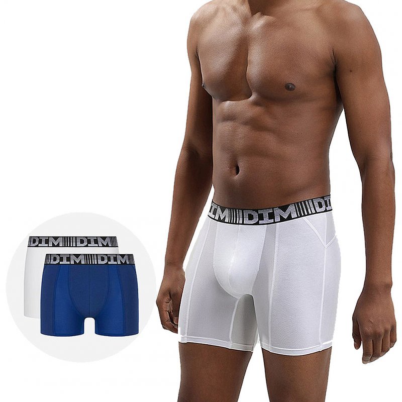 DIM Lot de 2 Boxers longs Homme Coton 3D FLEX AIR Bleu acier Blanc