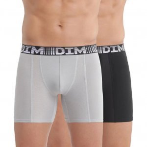 DIM Lot de 2 Boxers longs Homme Coton 3D FLEX AIR Noir Gris Perle