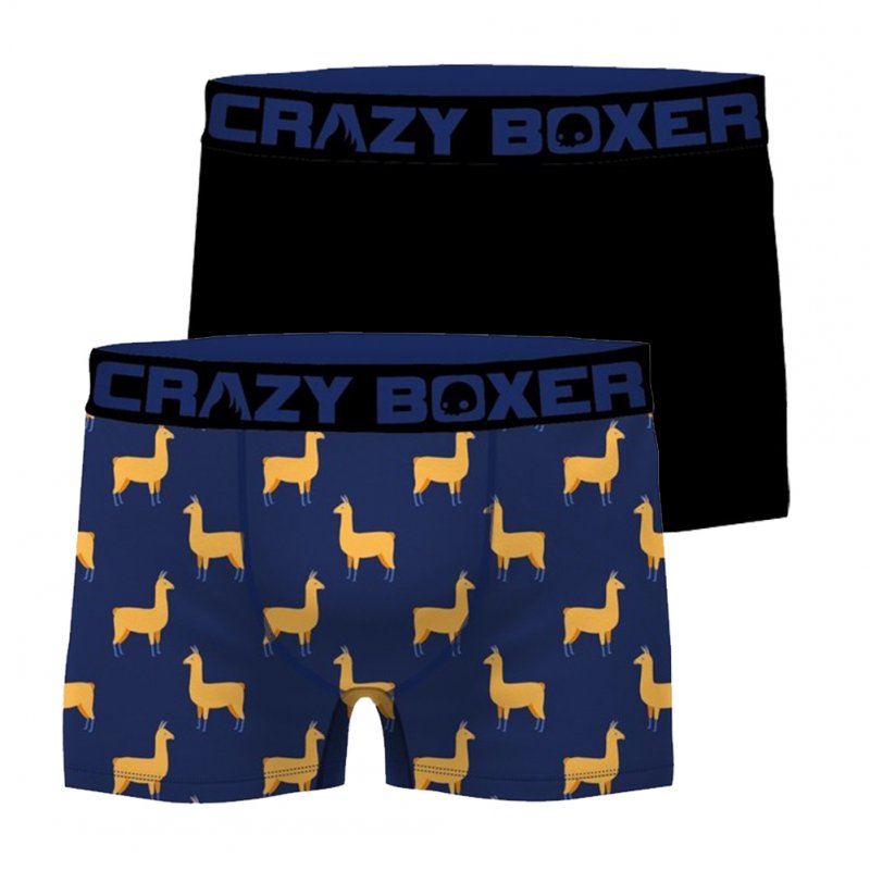 CRAZYBOXER Lot de 2 Boxers Homme Coton Bio LAMA BCBX2 ANIM Bleu Noir