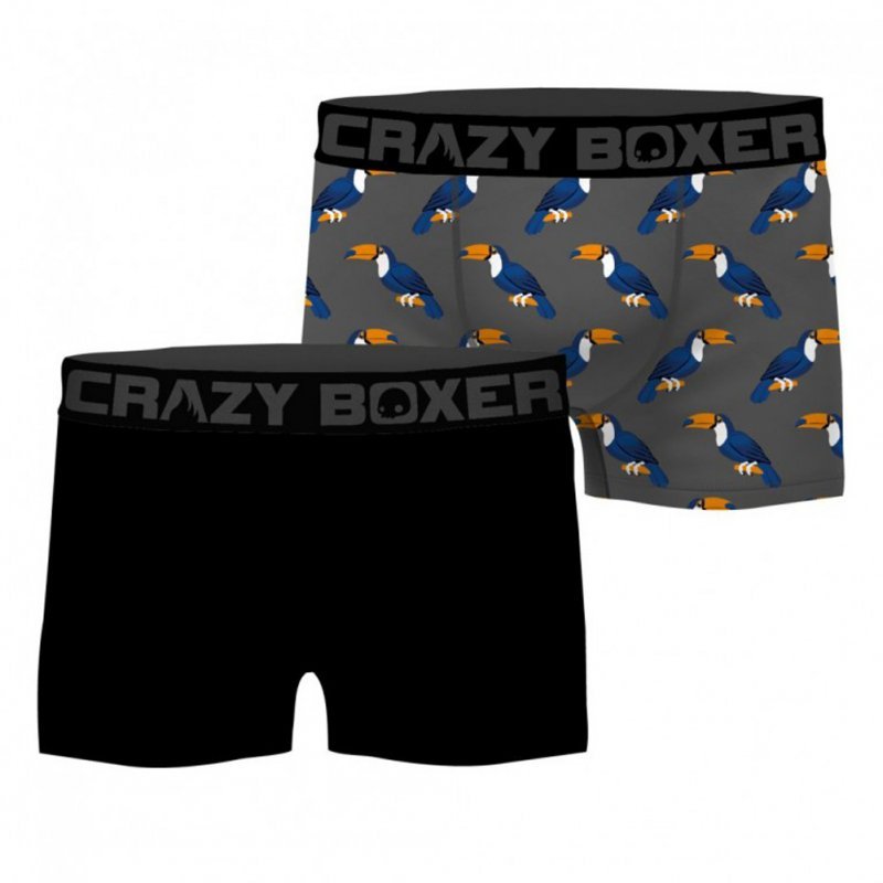 CRAZYBOXER 2 Boxers Homme Coton Bio Toucan BCBX2 ANIM Gris Noir