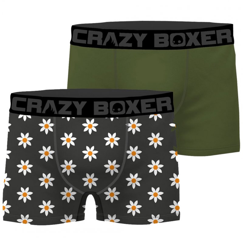 CRAZYBOXER 2 Boxers Homme Coton Bio BCBCX2 SUMM Gris Kaki FLOWER