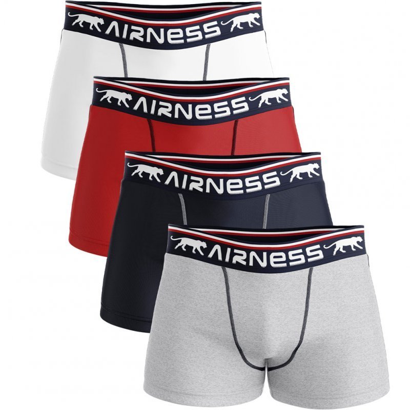 AIRNESS Lot de 4 Boxers Homme Coton CASUAL Blanc Marine Rouge Gris