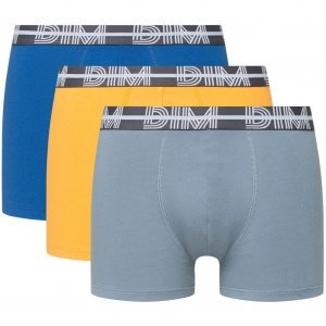 DIM Lot de 3 Boxers Homme Coton POWERFULL Gris Souris Jaune Mimosa Bleu Acier