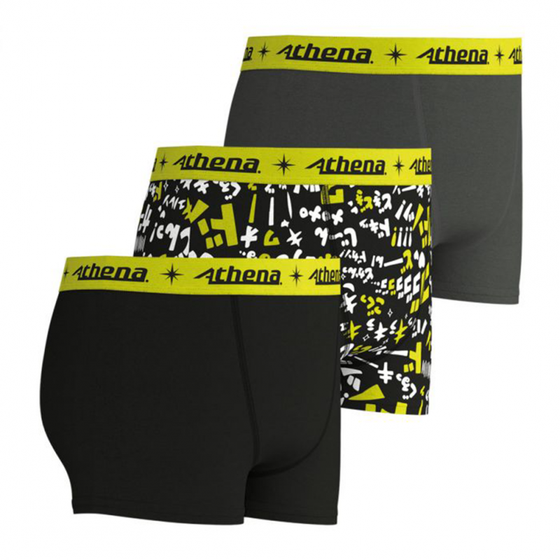 ATHENA Lot de 3 Boxers Garçon Coton ECOPACK TRIO POP Noir Gris Jaune