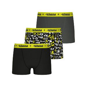 ATHENA Lot de 3 Boxers Garçon Coton ECOPACK TRIO POP Noir Gris Jaune