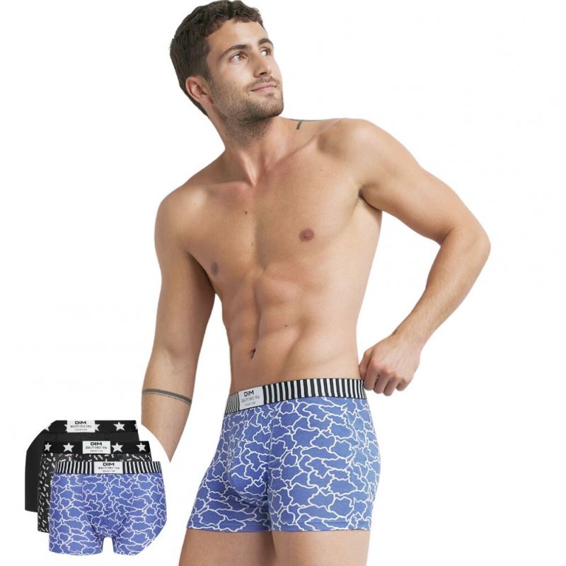 DIM Lot de 3 Boxers Homme Coton VIBES Nuage Bleu Noir