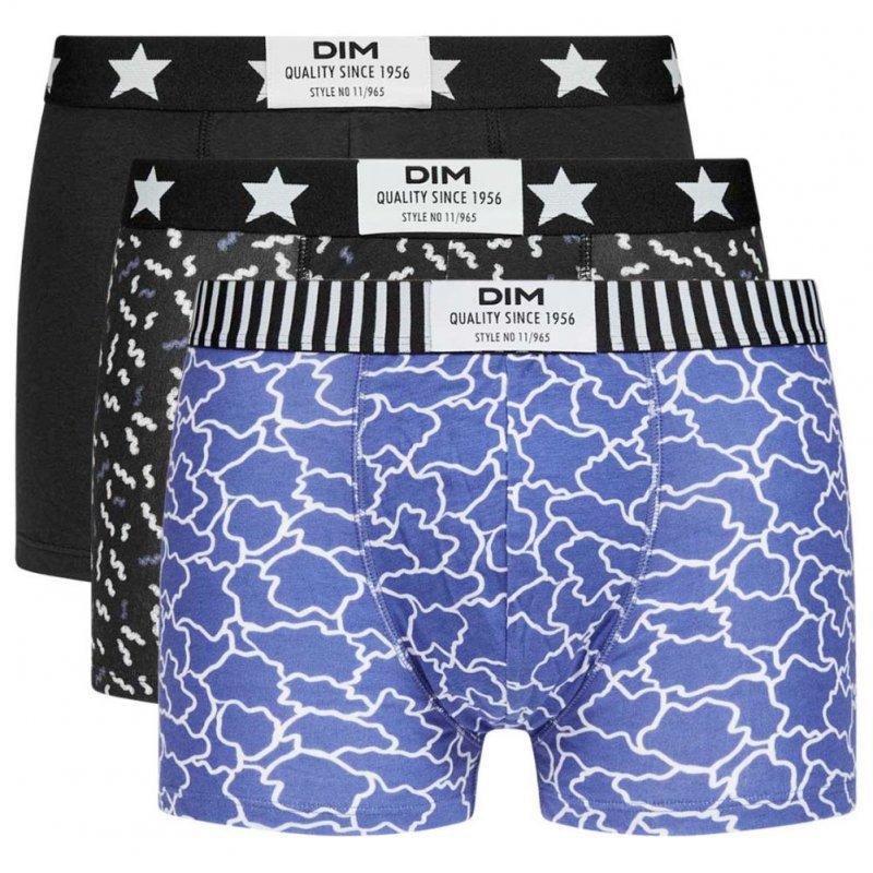 DIM Lot de 3 Boxers Homme Coton VIBES Nuage Bleu Noir