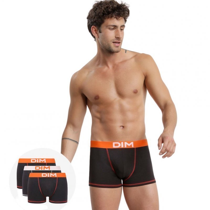 DIM Lot de 3 Boxers Homme Coton MIX AND COLORS Noir Orange peps Blanc