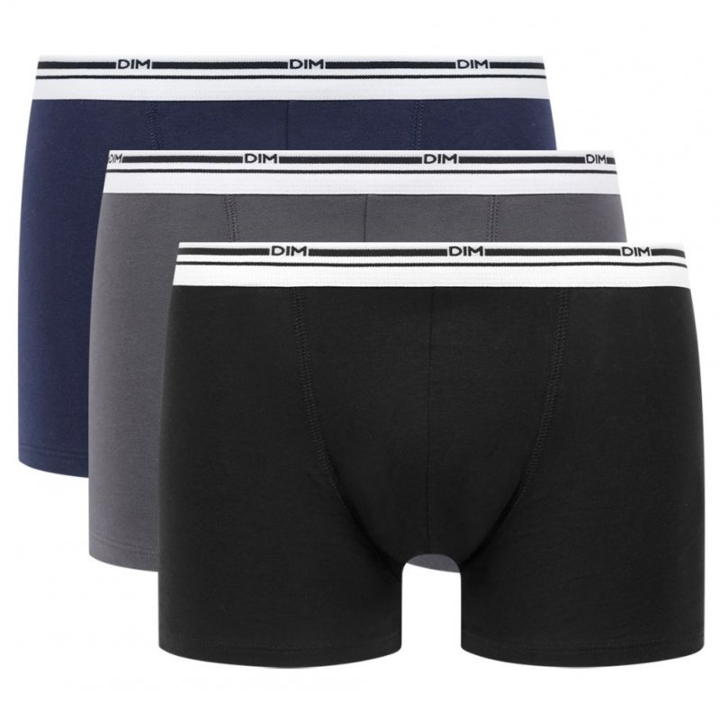 DIM 3 Boxers Homme Coton DAILY COLORS Bleu denim Gris prononcé Noir