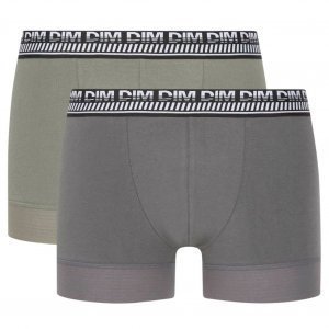 DIM Lot de 2 Boxers Homme Coton 3D STAY FIT Vert olive Gris militaire