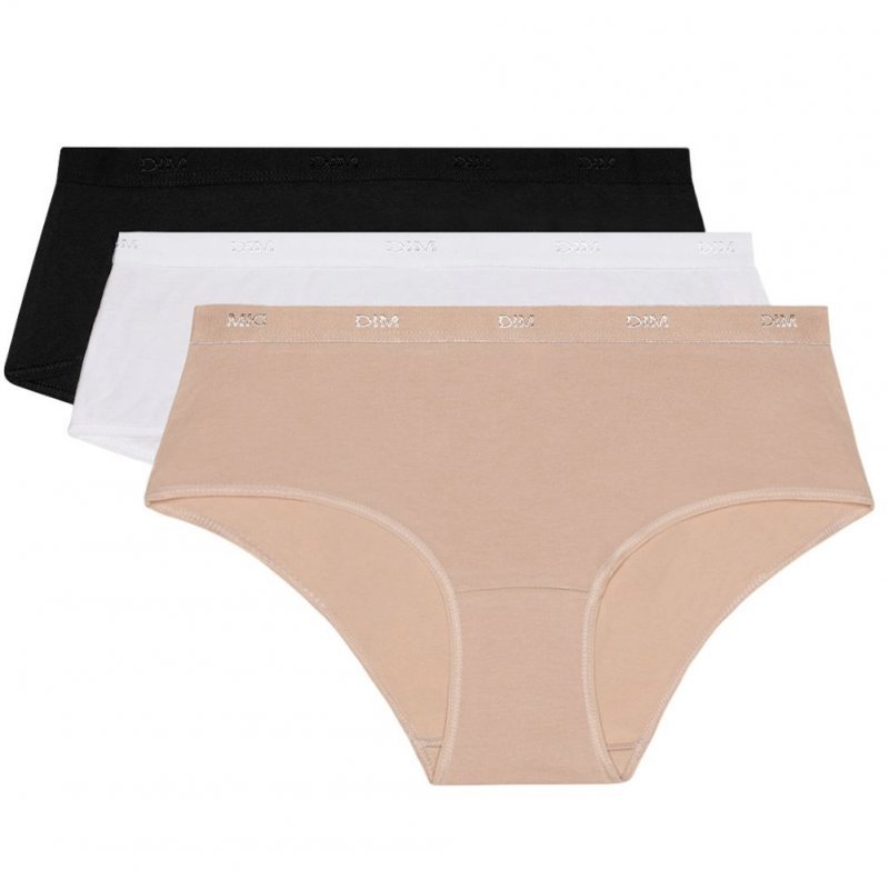 DIM Lot de 3 Boxers Femme Coton ECODIM Blanc Peau Noir