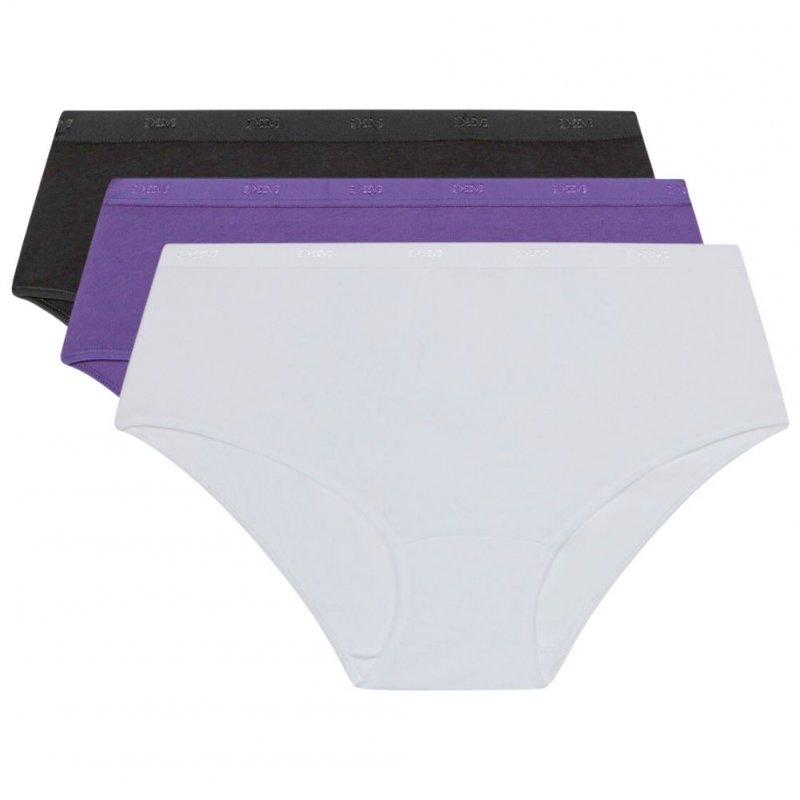 DIM Lot de 3 Boxers Femme Coton ECODIM Violet Blanc Noir