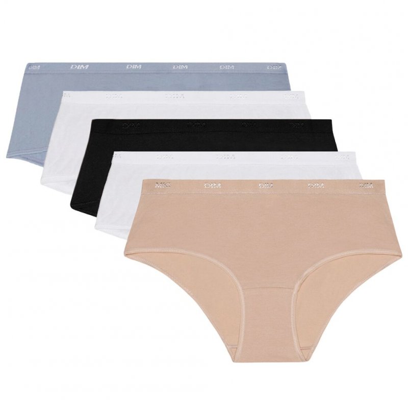 DIM Lot de 5 Boxers Femme Coton POCKETS STRETCH Noir Peau Blanc Gris Blanc