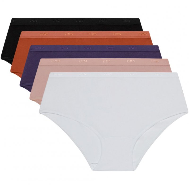 DIM Lot de 5 Boxers Femme Coton POCKETS STRETCH Blanc Beige Aubergine Terre cuite Noir