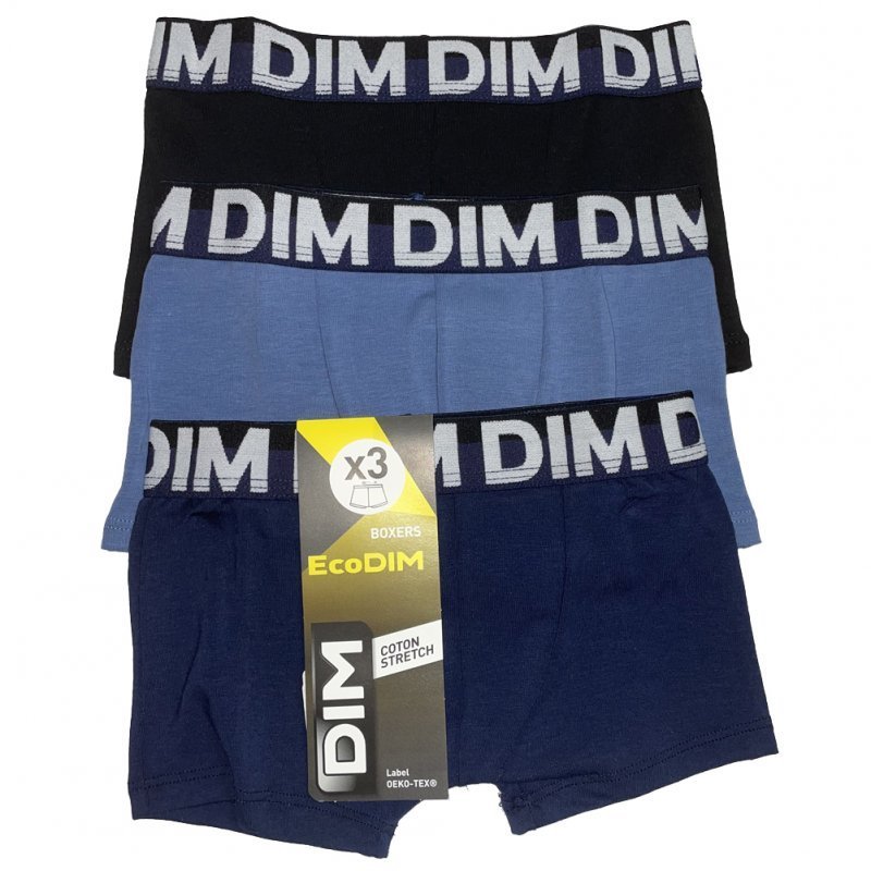 Lot de 3 DIM Boxer Garçon Coton STRETCH Marine Bleu Noir