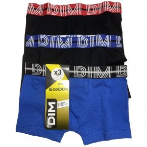 Lot de 3 DIM Boxer Garçon Coton STRETCH Bleu Noir Rouge