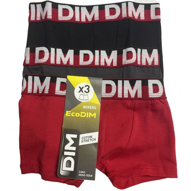 Lot de 3 DIM Boxer Garçon Coton STRETCH Rouge Anthracite Noir