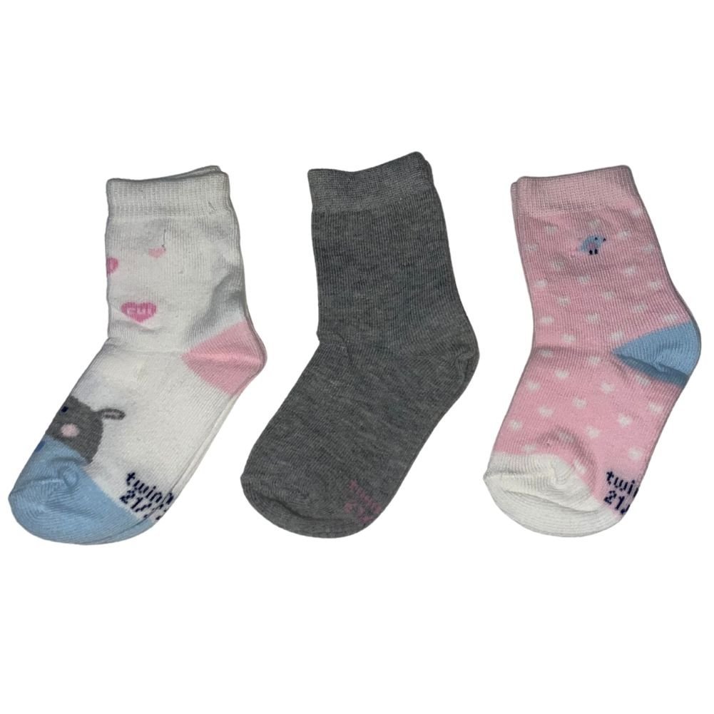 TWINDAY 3 paires de Chaussettes Bébé Fille Coton Blanc Gris Rose