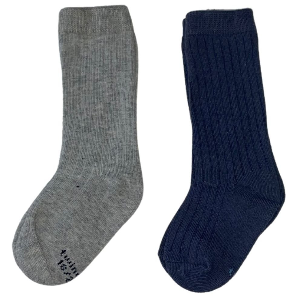 TWINDAY 2 paires Chaussettes Hautes Fille Coton COTES Gris Bleu