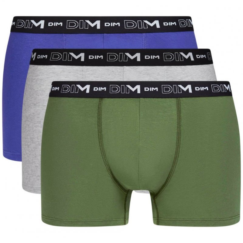 DIM 3 Boxers Homme Coton STRETCH Forêt noire Bleu égyptien Quartz chiné