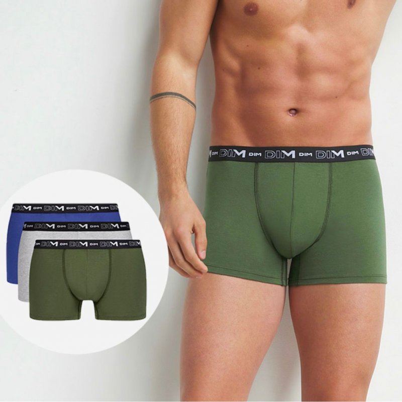 DIM 3 Boxers Homme Coton STRETCH Forêt noire Bleu égyptien Quartz chiné