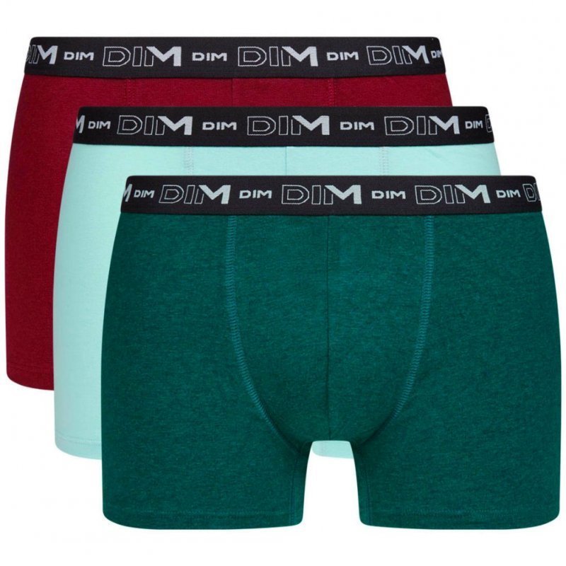 DIM Lot de 3 Boxers Homme Coton STRETCH Bleu céramique Vert sarcelle Rouge rubis